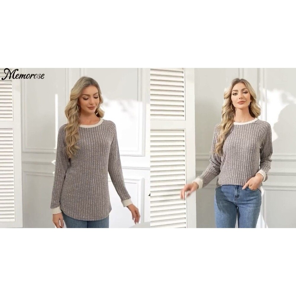 Memorose Women’s Gray Rib-Knit Crew Neck Raglan Sweater Contrast Trim M